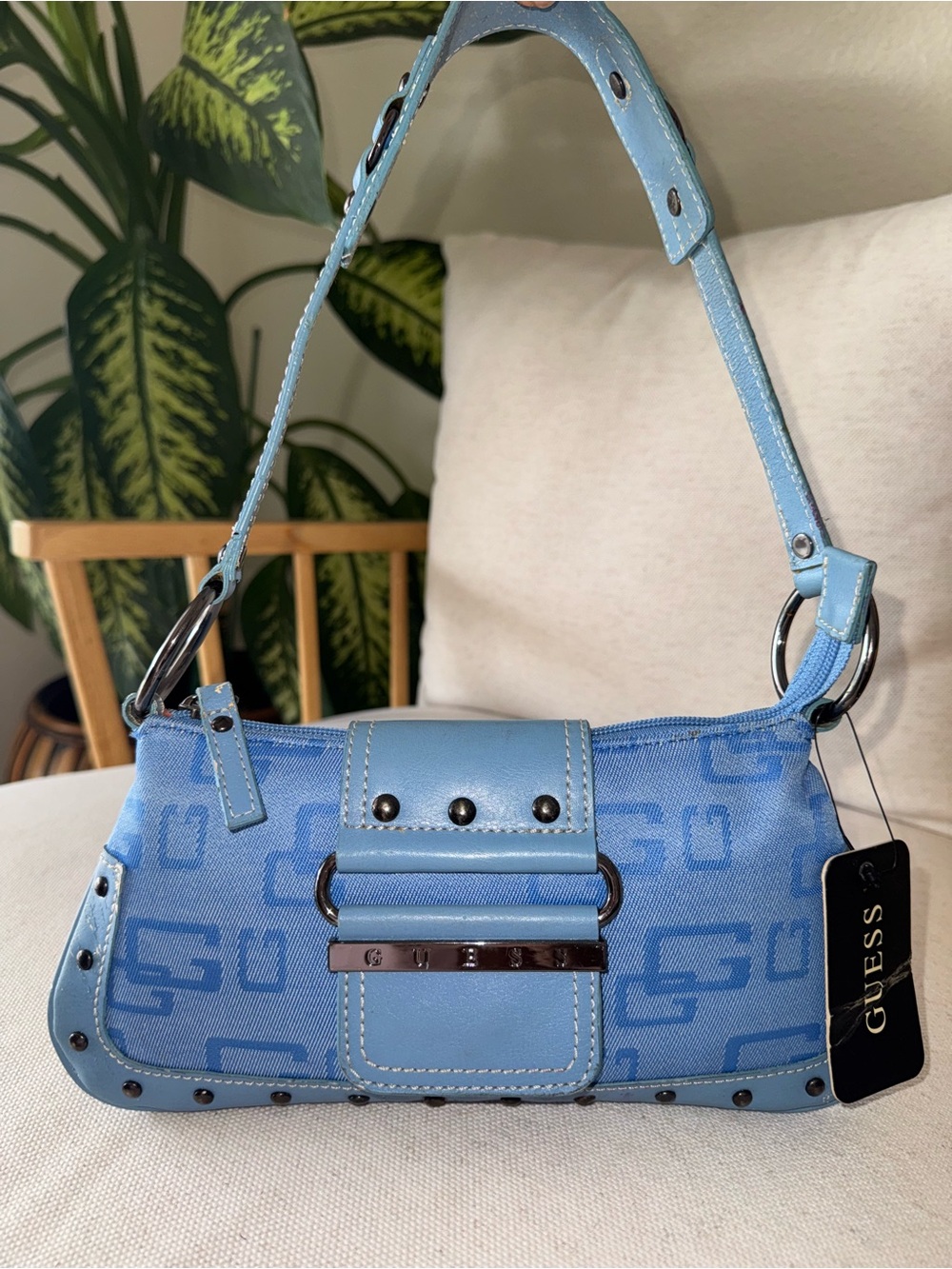 New Vintage GUESS Y2K Blue Logo Buckle Stud Mini Hobo Baguette Shoulder Bag NWT